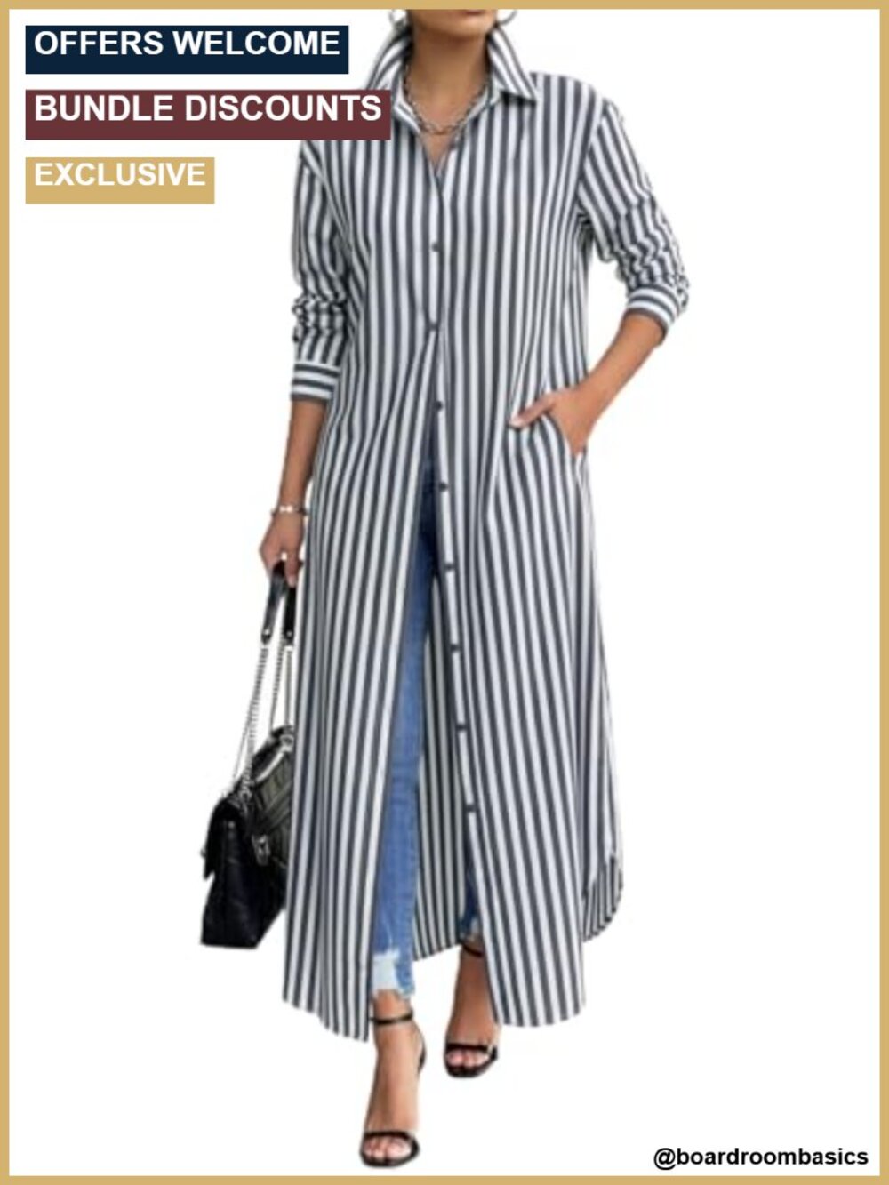 Cotton Striped Button Down Maxi Shirt Dress with Pockets